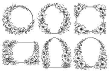 Obraz premium Elegant floral borders with detailed black ink hand-drawn botanical designs