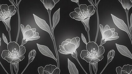 Elegant Floral Pattern with Glowing Flowers on Dark Background.