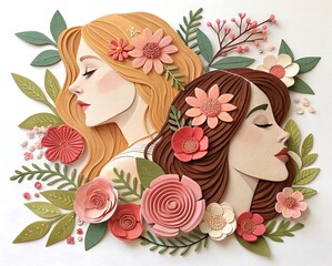 Two women surrounded by delicate paper flowers and greenery