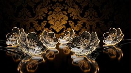 Elegant Glass Cherry Blossoms Reflecting on a Dark Surface.