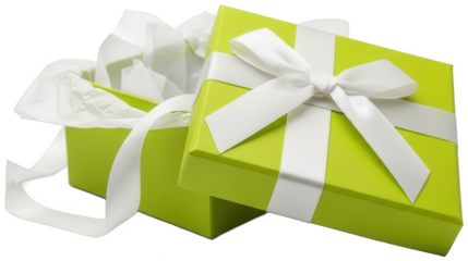 Open green gift box with white tissue paper and ribbon
