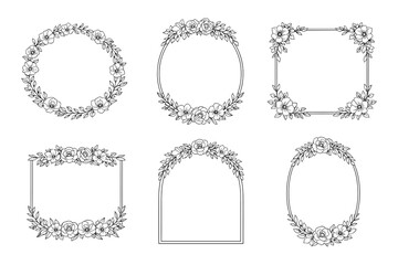 Obraz premium Elegant floral frames set with roses and leaves in outline style
