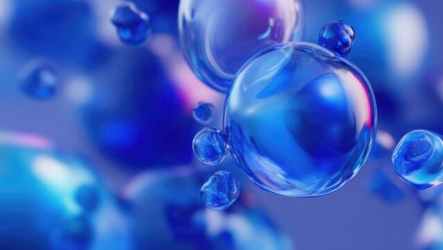Close-up of translucent blue bubbles floating in liquid, an abstract macro photograph. Concept Macro abstract photography, Blue bubbles in liquid, Close-up translucent spheres - Powered by Adobe