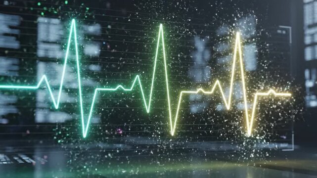 Neon electrocardiogram waveform glowing green and yellow holographic medical monitor screen with particle sparkles reflective surface and heartbeat data visualization futuristic clinical interface