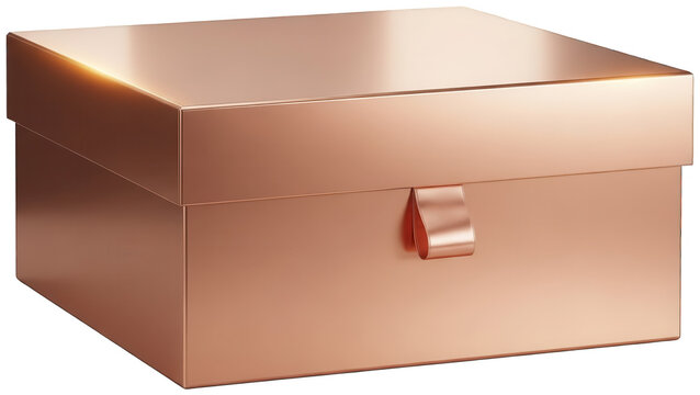 Minimalist square gift box packaging in glossy copper metallic finish with subtle matching ribbon pull tab handle