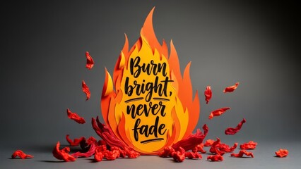 Fiery orange paper flame cutout with inspirational quote Burn bright never fade