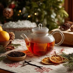 Cozy Tea Time: A warm and inviting scene, featuring a glass teapot filled with steaming tea, surrounded by festive decorations, evoking feelings of comfort and relaxation.