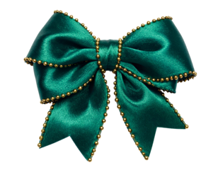 Emerald green silk bow with gold beaded trim against a black background