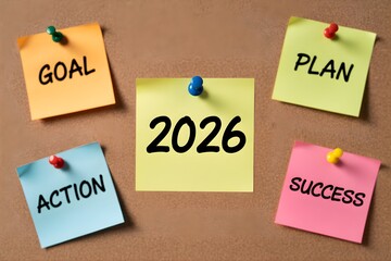 A cork bulletin board with colorful square sticky notes displaying business plan or business roadmap terms for 2026 including goal, plan, action and success