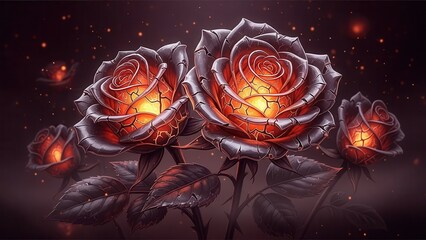 Enchanting Fiery Roses Glowing with Inner Light on Dark Background.