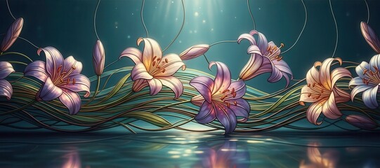 Enchanting Lilies Bloom in Mystical Underwater Garden with Reflective Surface.
