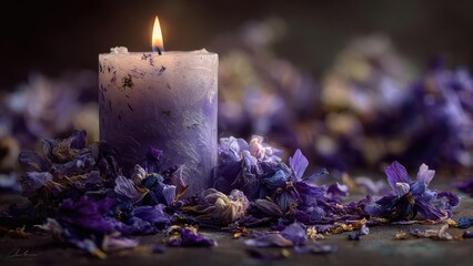 A lit purple candle surrounded by scattered wilted purple flowers. Concept Candlelight, Purple Aesthetic, Wilted Flowers, Moody Still Life, Soft Lighting