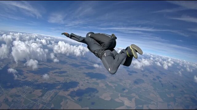 High altitude skydiver freefalling above the clouds