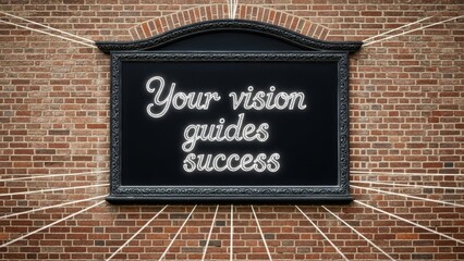Ornate framed chalkboard with 'Your vision guides success' message on weathered brick wall