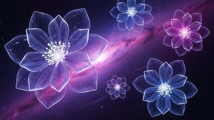 Ethereal Glowing Flowers Floating in Cosmic Nebula Background.