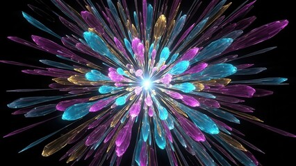 Explosion of Colorful Fractal Petals on Black Background.