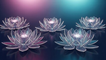 Five Crystal Lotus Flower Candle Holders Glowing Mysteriously.