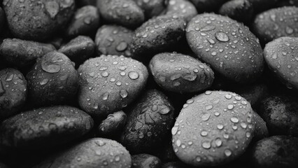 Black-and-white close-up of smooth wet pebbles with droplets of water on their surfaces. Concept Black-and-white photography, macro close-up, wet pebbles, water droplets, smooth stone surfaces