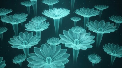 Glowing Cyan Flowers Abstract Background Digital Art.