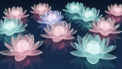 Illuminated Lotus Flowers Floating on Dark Water.