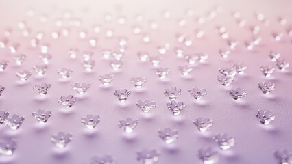 Sparkling Water Droplets on a Soft Pink and Purple Gradient Surface.