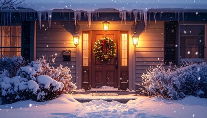 A snow-covered house front door with holiday wreath and icicles, warmly lit