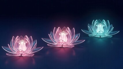 Three glowing lotus flowers with pink and blue lights on a dark background.