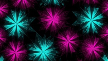 Vibrant Neon Floral Burst Pattern on Black Background.