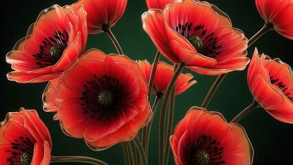 Vibrant Red Poppies Blooming in a Dark, Moody Setting.