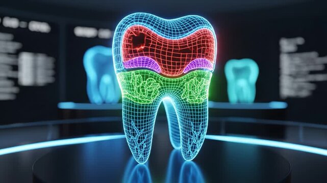 Neon wireframe tooth hologram highlighting enamel, dentin and pulp with clinical laboratory lighting, dental wireframe model futuristic clinic displaying holographic diagnostics, neon dental anatomy