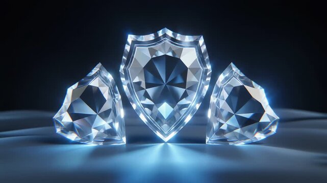 Three luminous crystal prisms rise from a reflective blue surface, with a central shield-like gem dominating the scene. Faceted faces bend light into cool, serene highlights across the dark backdrop