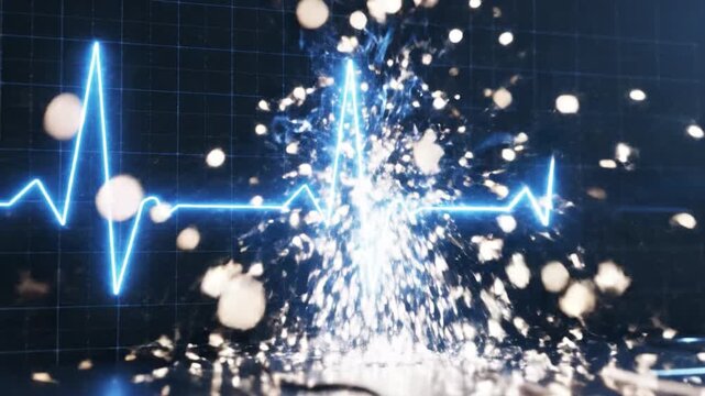 Electric blue electrocardiogram heartbeat waveform medical monitor with bright particle sparks and exploding pulse suggesting defibrillator shock emergency resuscitation energy across dark grid