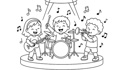 Obraz premium A black and white illustration of three happy children playing musical instruments on stage