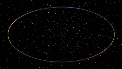 Rainbow-colored elliptical ring across a starry space background. Concept Rainbow Ring, Elliptical Orbit, Starry Space Background, Cosmic Geometry, Celestial Color Palette
