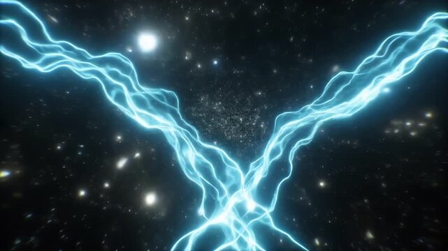 Two bright electric blue plasma streams cross at the center against a vast expanse of space. Wisps of light trace jagged arcs, forming a neon X that fractures the void with radiant energy and motion