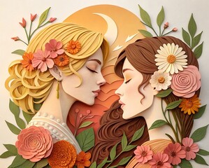 Two women embracing surrounded by flowers and a crescent moon