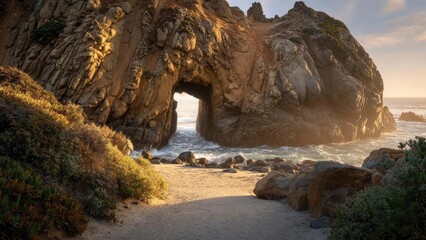 Natural rock arch on a sandy beach at sunset, waves crash against rugged cliffs and warm golden light. Concept Sunset Beach Photography, Natural Rock Arch, Waves and Cliffs, Golden Hour Lighting