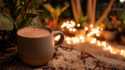 A speckled ceramic mug of hot drink sits on a pebble surface, with warm bokeh lights glowing in the background. Concept Speckled ceramic mug, Hot drink scene, Pebble surface, Warm bokeh lights