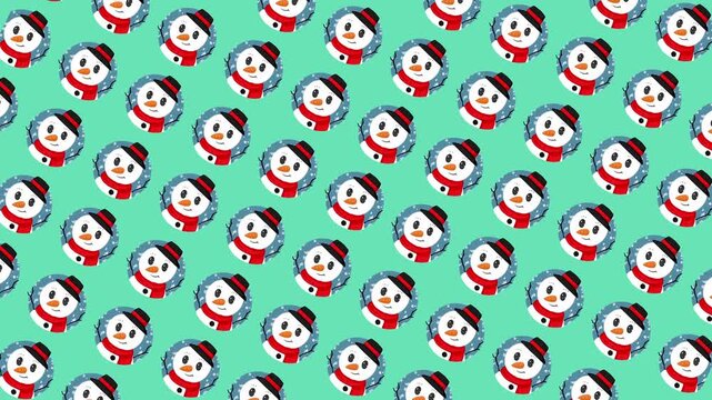 Animated snowman style, Christmas background. Seamless looping background featuring cute Christmas icons, snowman, Christmas tree, candy cane, gift box, reindeer, and gingerbread. 