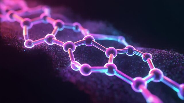 Vivid abstract illustration of a glowing molecular lattice with hexagonal rings and bright bonds, set against a dark nebula-like backdrop, evoking nanoscale chemistry and scientific exploration. now