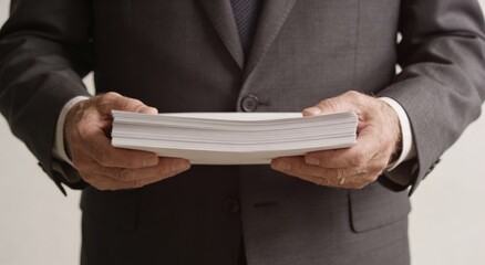 Person in suit holding a thick stack of documents ,Active aging Finance concept.