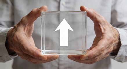 Elderly hands holding a glass cube with an upward arrow ,Active aging Finance concept.