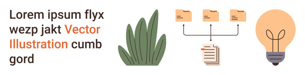 Data management, document organization, creativity, eco-friendly ideas, digital workspaces, information sharing. Icons of grass, folders documents and a lightbulb. Data management and creativity © robu_s