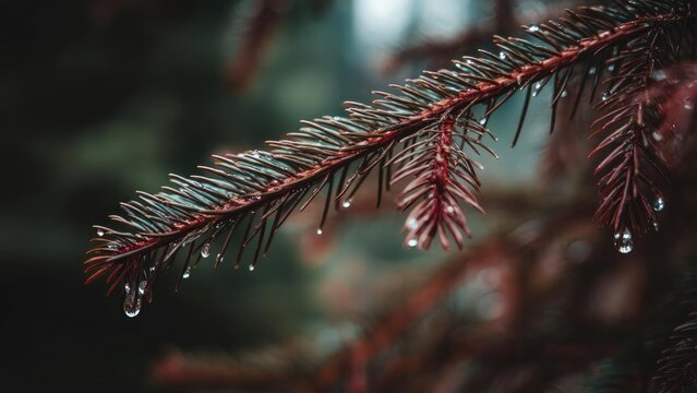 Close-up of a red pine branch with dew droplets clinging to its needles. Concept Macro Nature, Red Pine Needle Close-Up, Dew Drops on Needles, Forest Texture, Morning Light