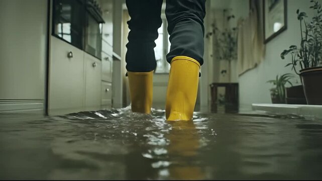 A person in yellow boots wades through indoors flooded water.