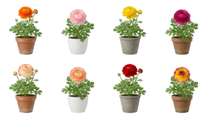 Ranunculus flower plant set including orange, pink, yellow, magenta, cream, peach, red, and bicolor varieties in ceramic pots. Spring floral gardening collection.
