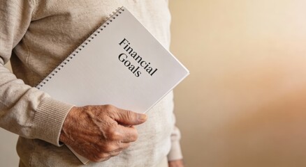 Senior holding notebook labeled Financial Goals ,Active aging Finance concept.