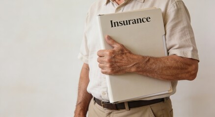 Man holding an insurance folder against his chest ,Active aging Finance concept.
