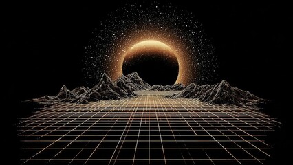 Neon grid plains extend toward jagged mountains as a glowing solar eclipse rises behind. Concept Neon Grid Plains, Jagged Mountains, Glowing Solar Eclipse, Futuristic Landscape, Night Sky