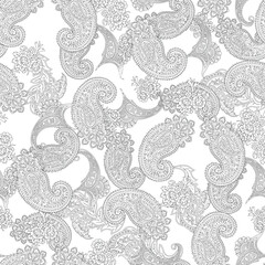 Seamless Black and White Paisley Floral Pattern with Intricate Hand Drawn Line Art